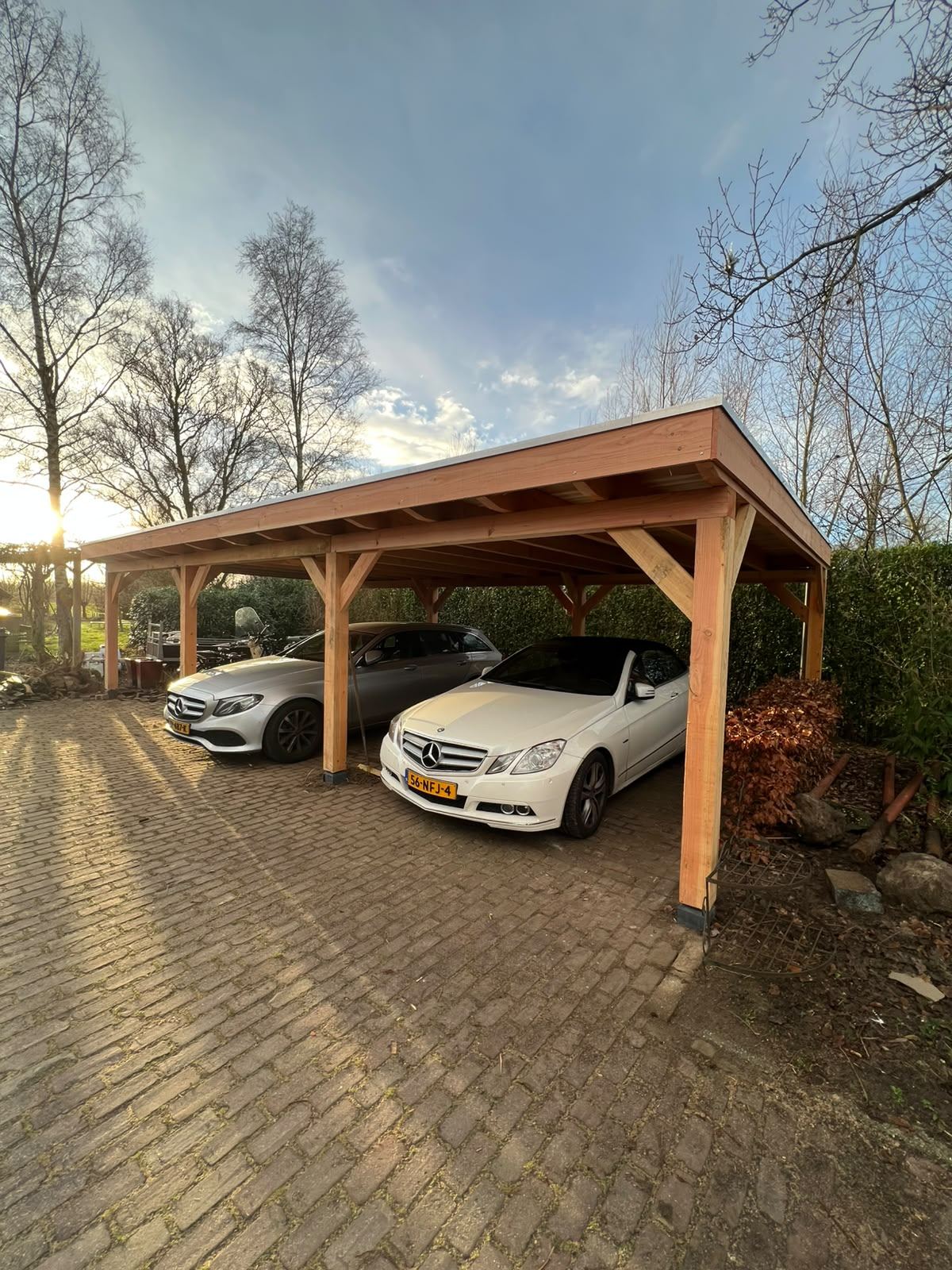 Dubbele carport van douglas met twee auto's eronder